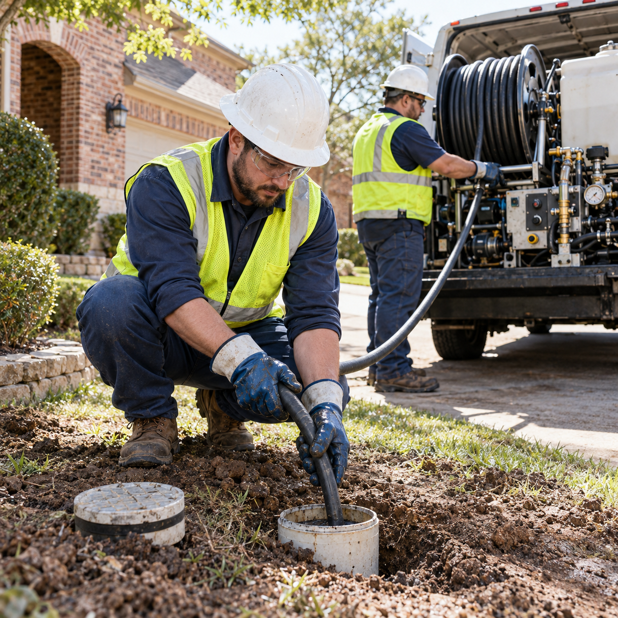 Technician running a hydro-jetting hose into a sewer cleanout while a jetting truck stands by