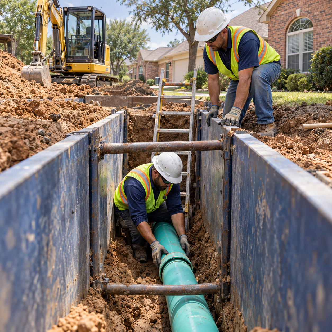 Crew replacing a sewer line with new PVC in a shored trench while an excavator works nearby