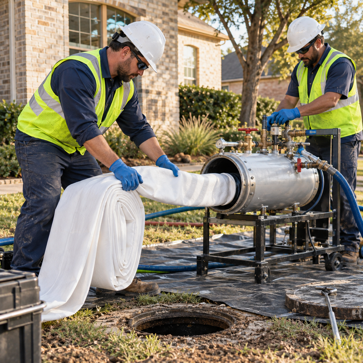 Two technicians feeding a cured-in-place epoxy liner into a sewer line at an open manhole in Fort Worth
