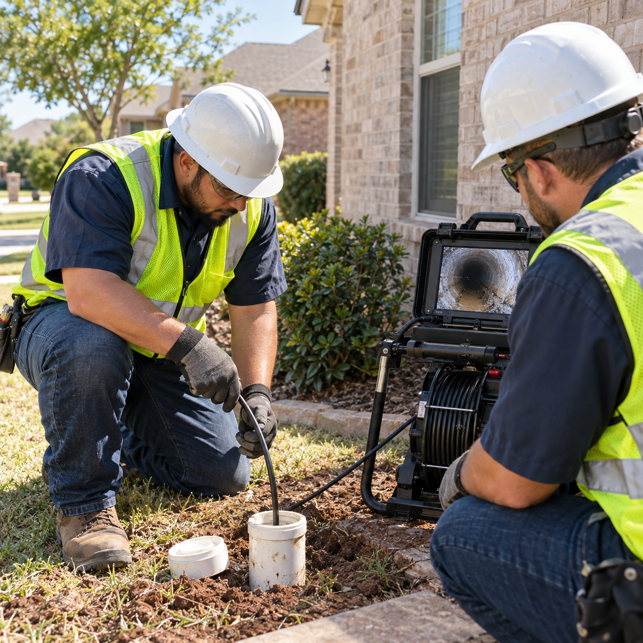 Sewer technicians viewing an HD camera inspection of a lateral on a monitor outside a Fort Worth home